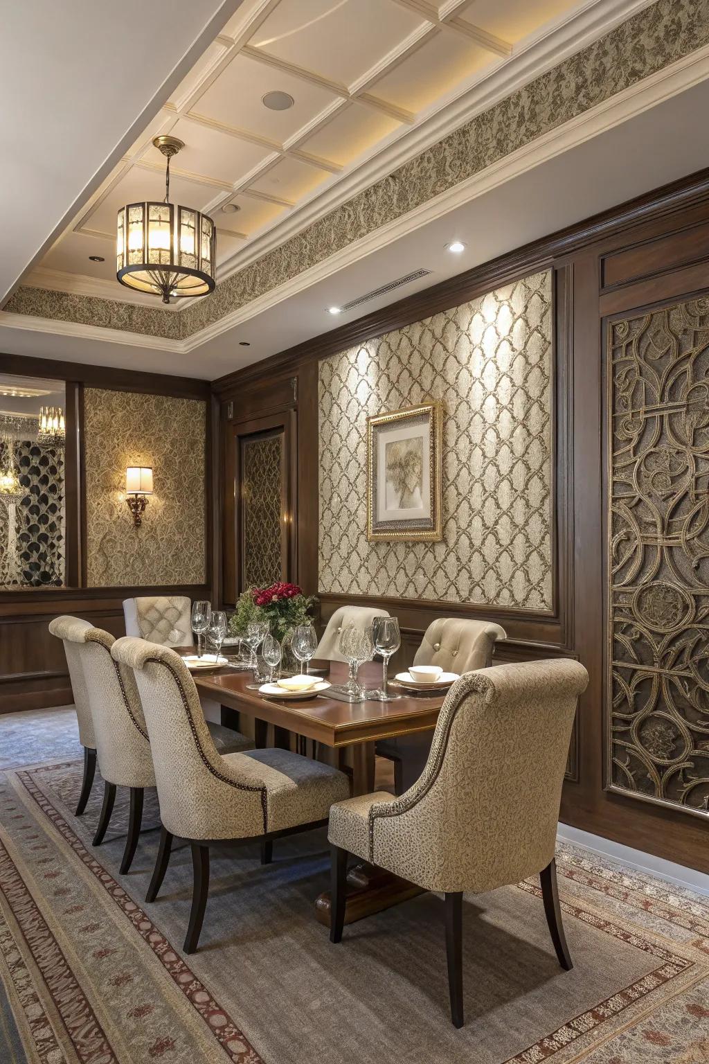 Textured walls introduce dimension and interest to dining rooms.