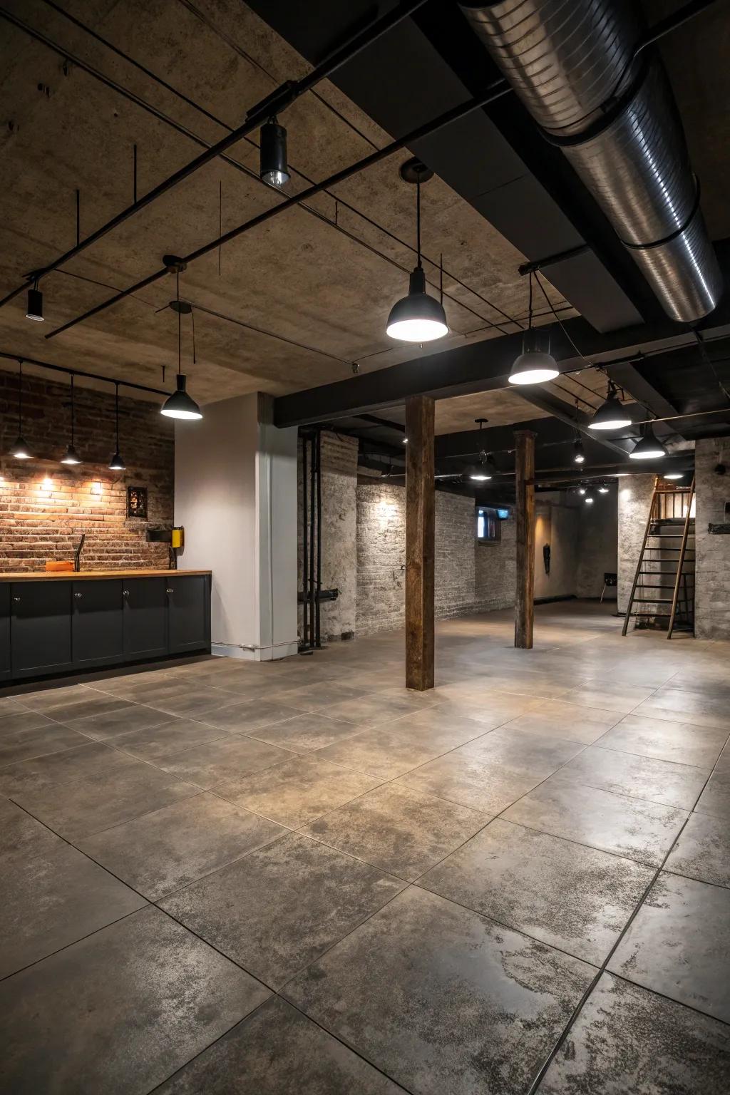 Mineral tiles add a modern, sophisticated edge to basements.