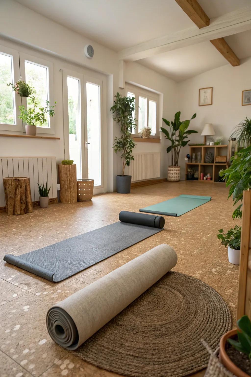Corky flooring endows an eco-conscious and pleasing workout plane.