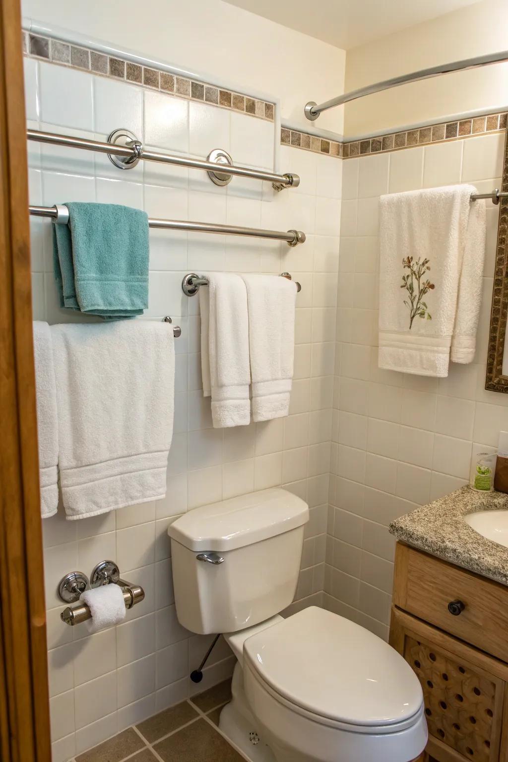 Towel rails and hooks amplify vertical area for convenience.