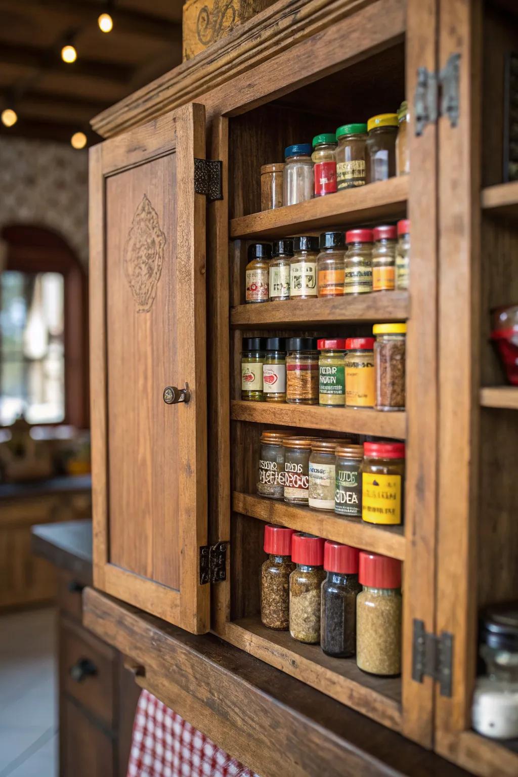 A rustic wood spice cupboard adds charm.