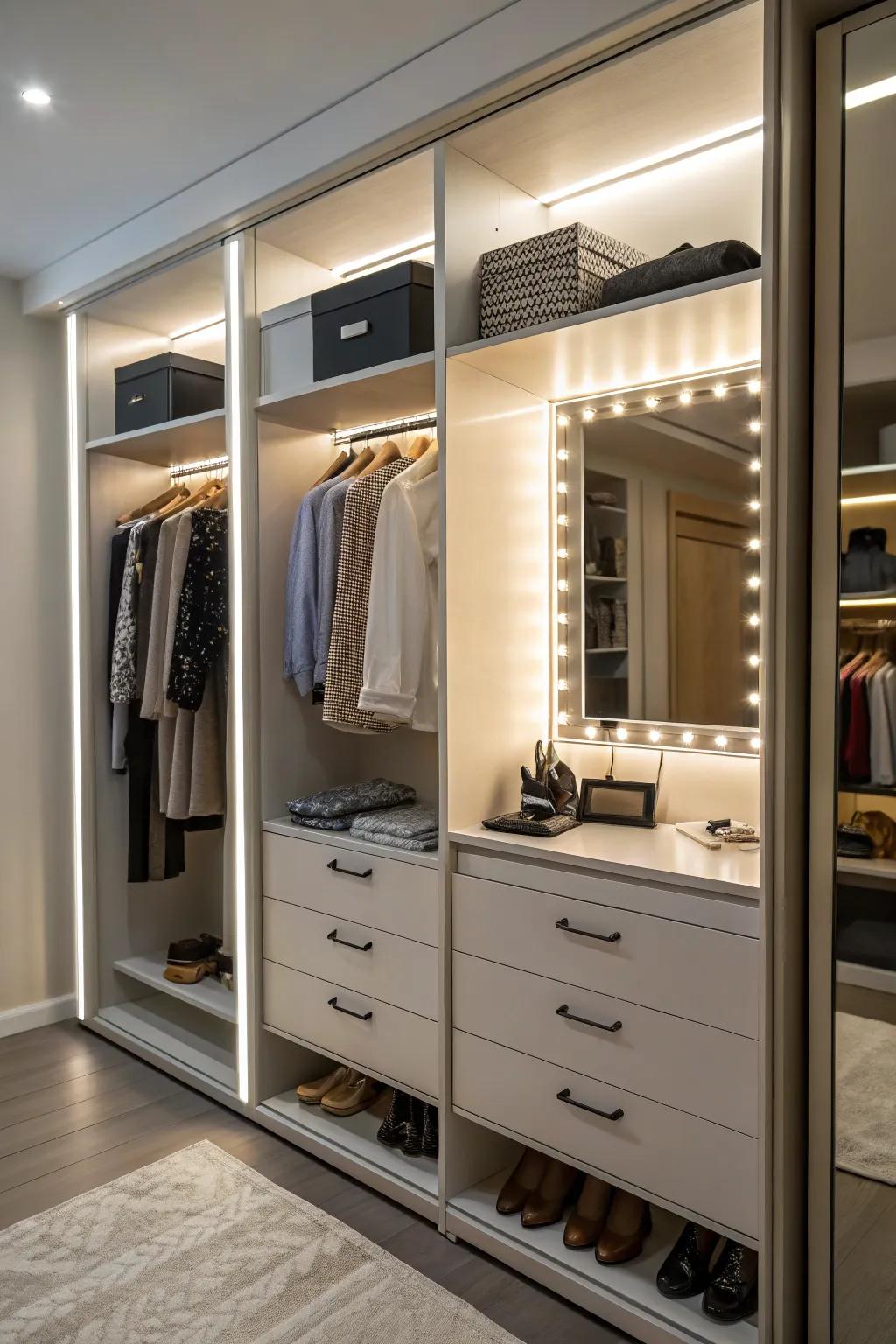 A closet showcasing integrated lighting accentuating the shelves and glass area.