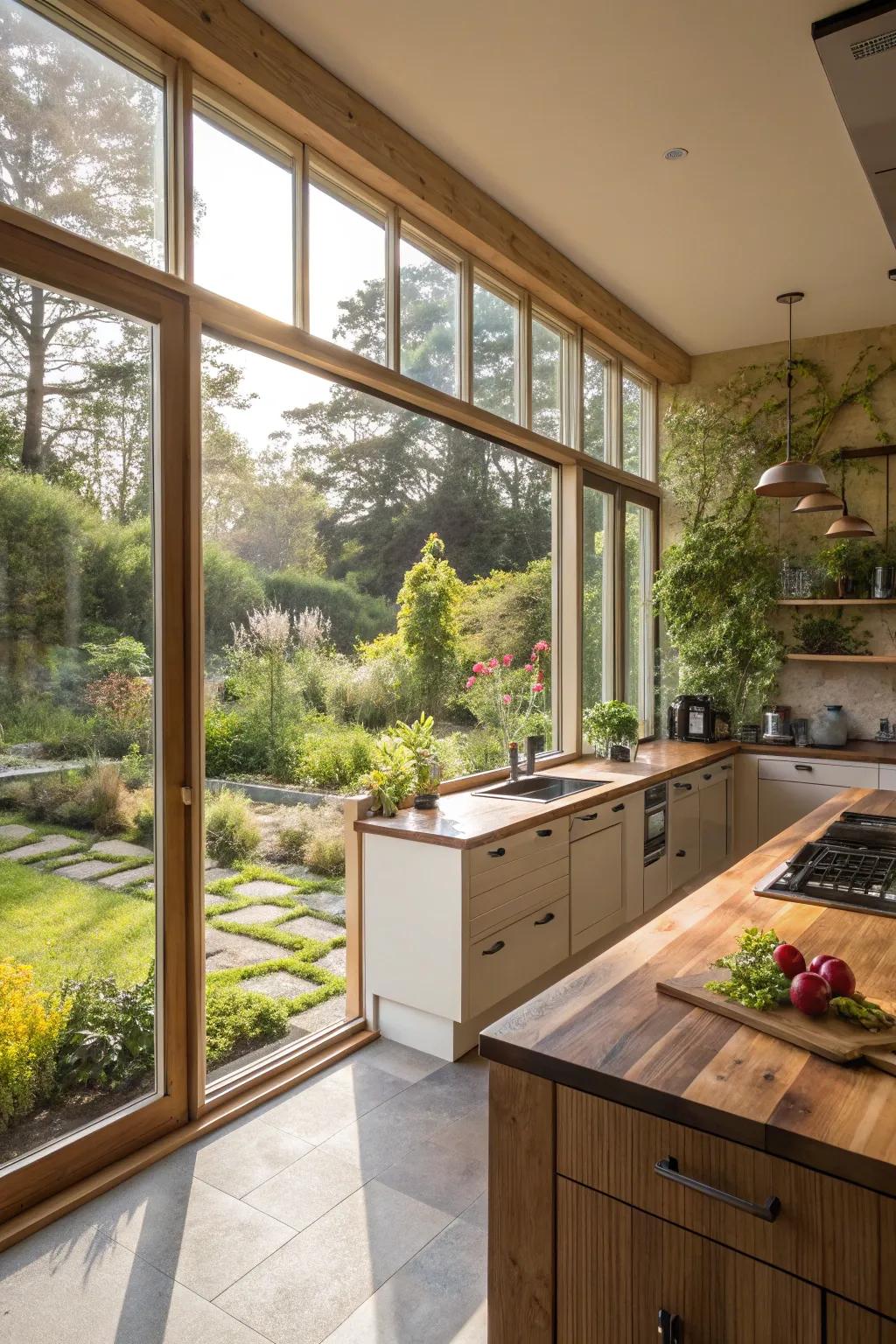 Expansive windows introduce light and vitality into the kitchen.