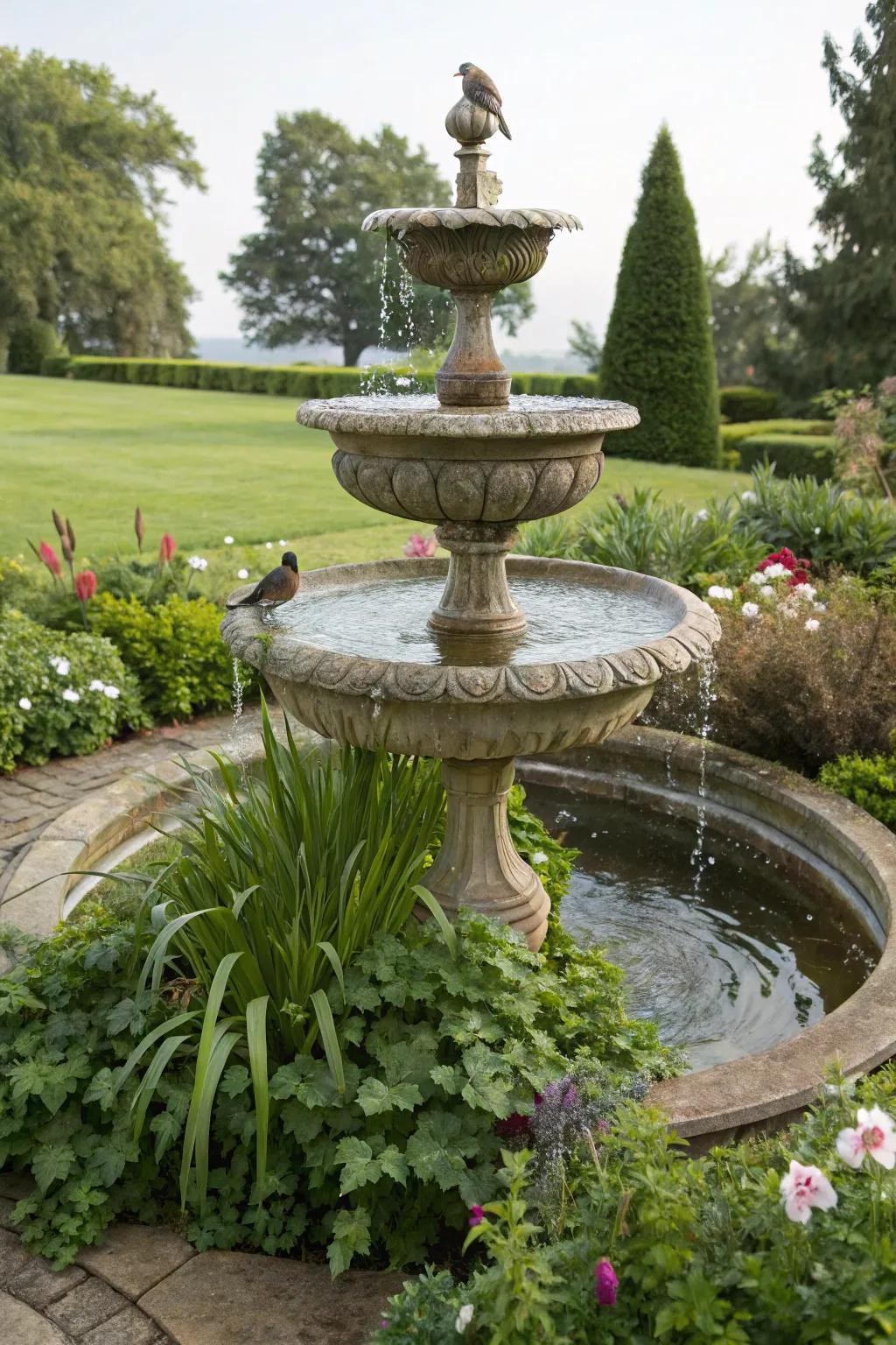 A multi-level bird bath extending an invitation to a spectrum of feathered denizens.