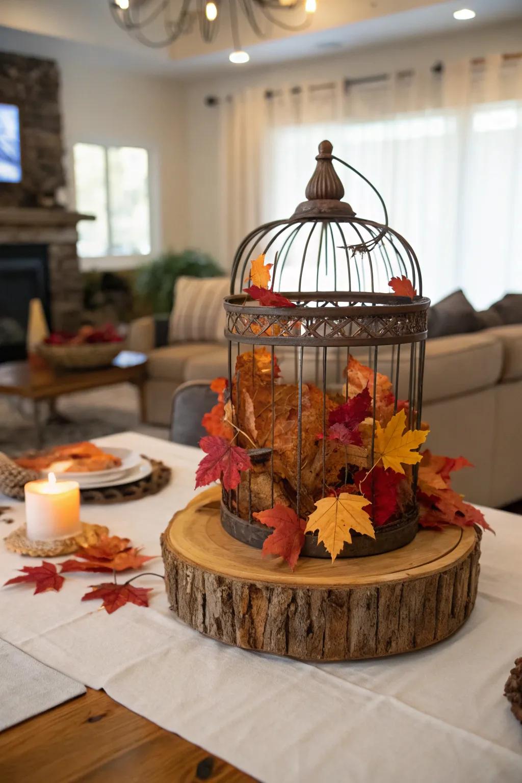 A bird cage centerpiece commemorating the charm of autumn.