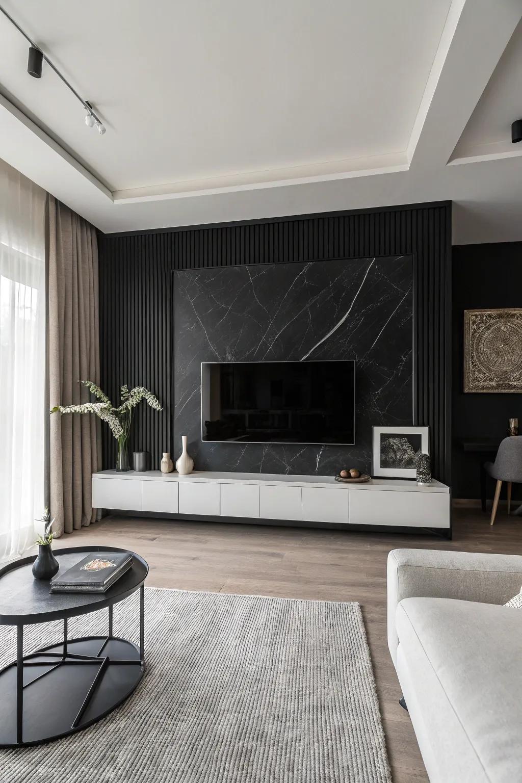 Monochrome decorations provide a refined, modern comparison to a dark-toned statement wall.
