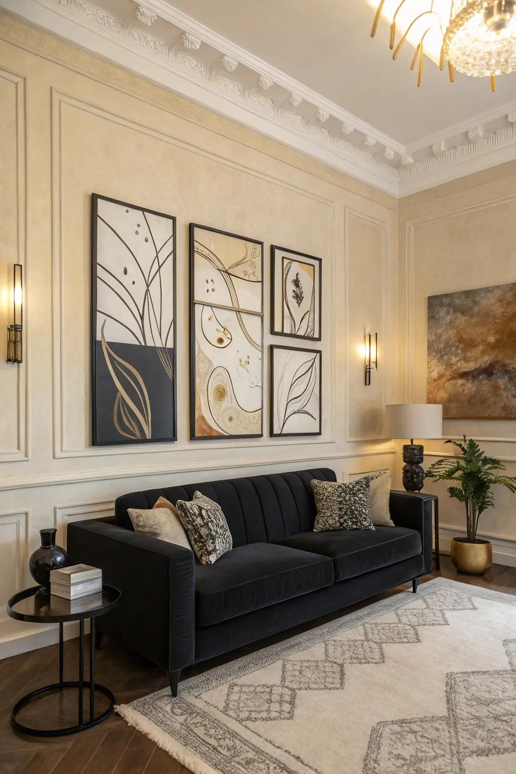 Abstract wall artistry introduces a personal touch to a sophisticated ebony and ivory decor.