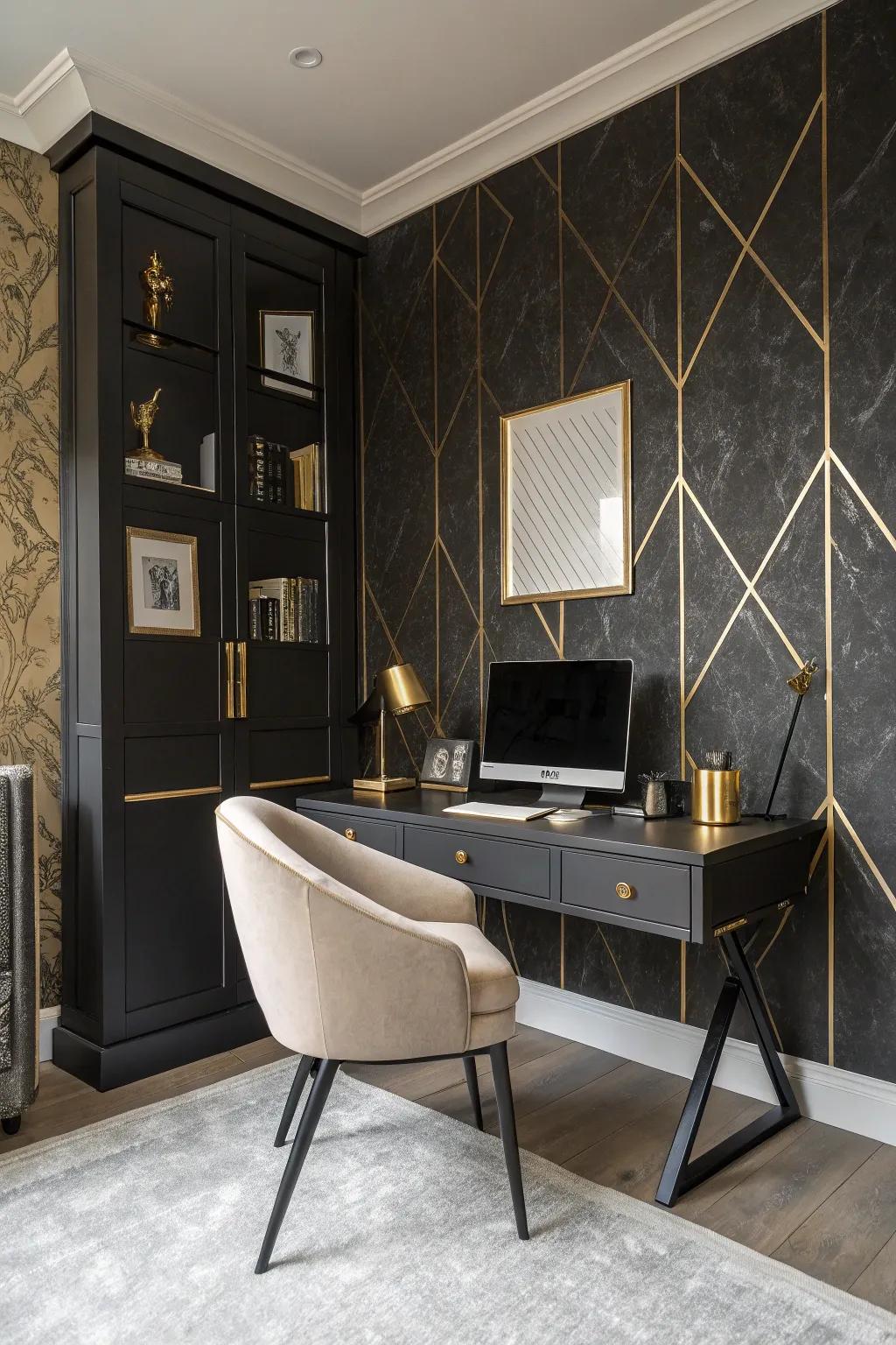 Textured partitions featuring gilded highlights contribute dimension and opulence to your office.