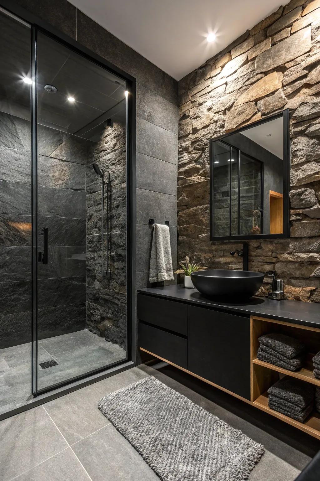 A bathroom that creatively coalesces surface qualities for added dimension and fascination.