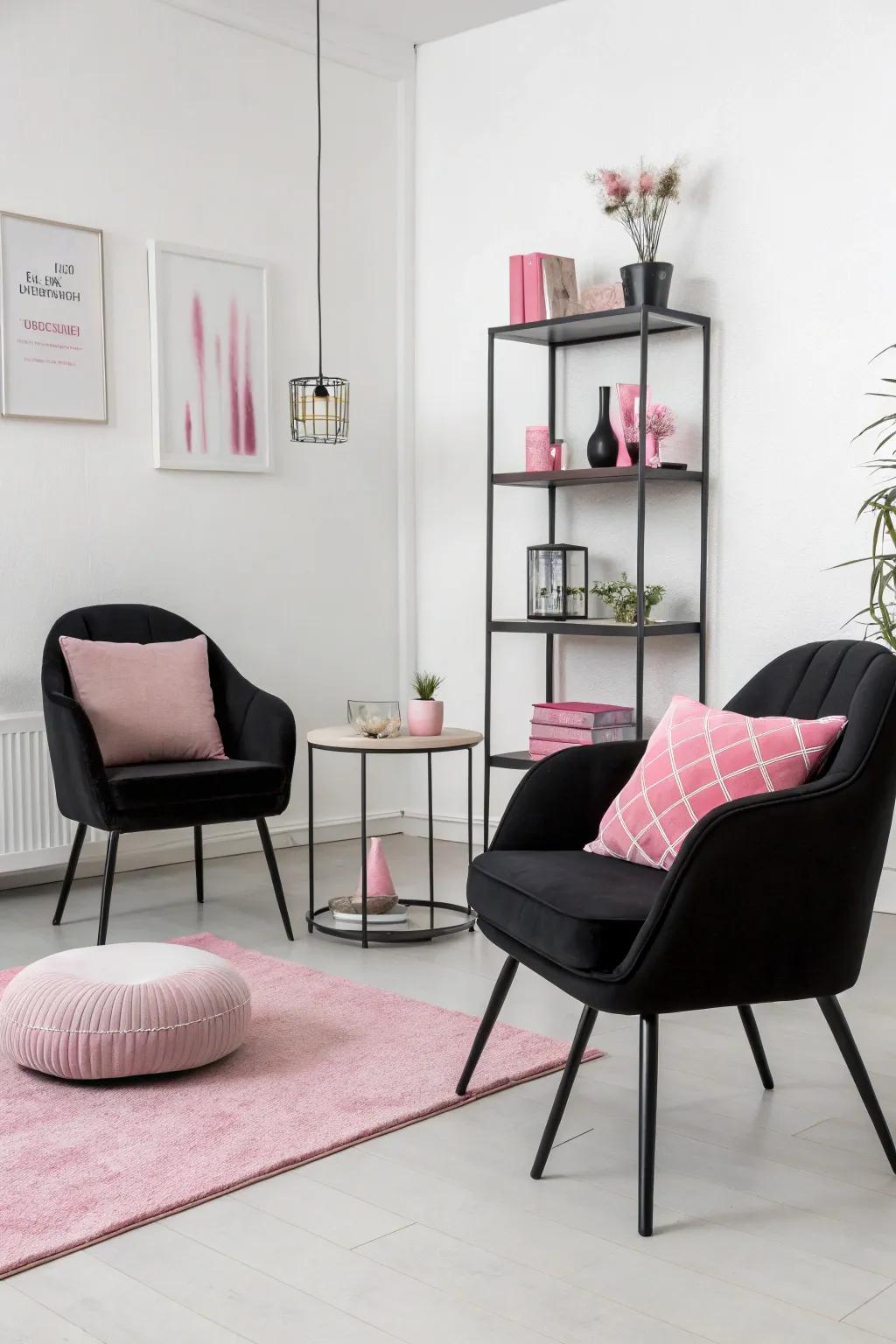 A minimalist design with pink and black elements shapes a refined area.
