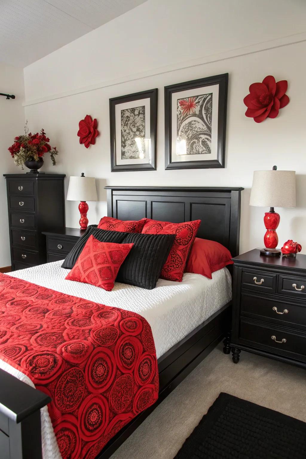 Vibrant accents add a playful twist to monochrome décor.