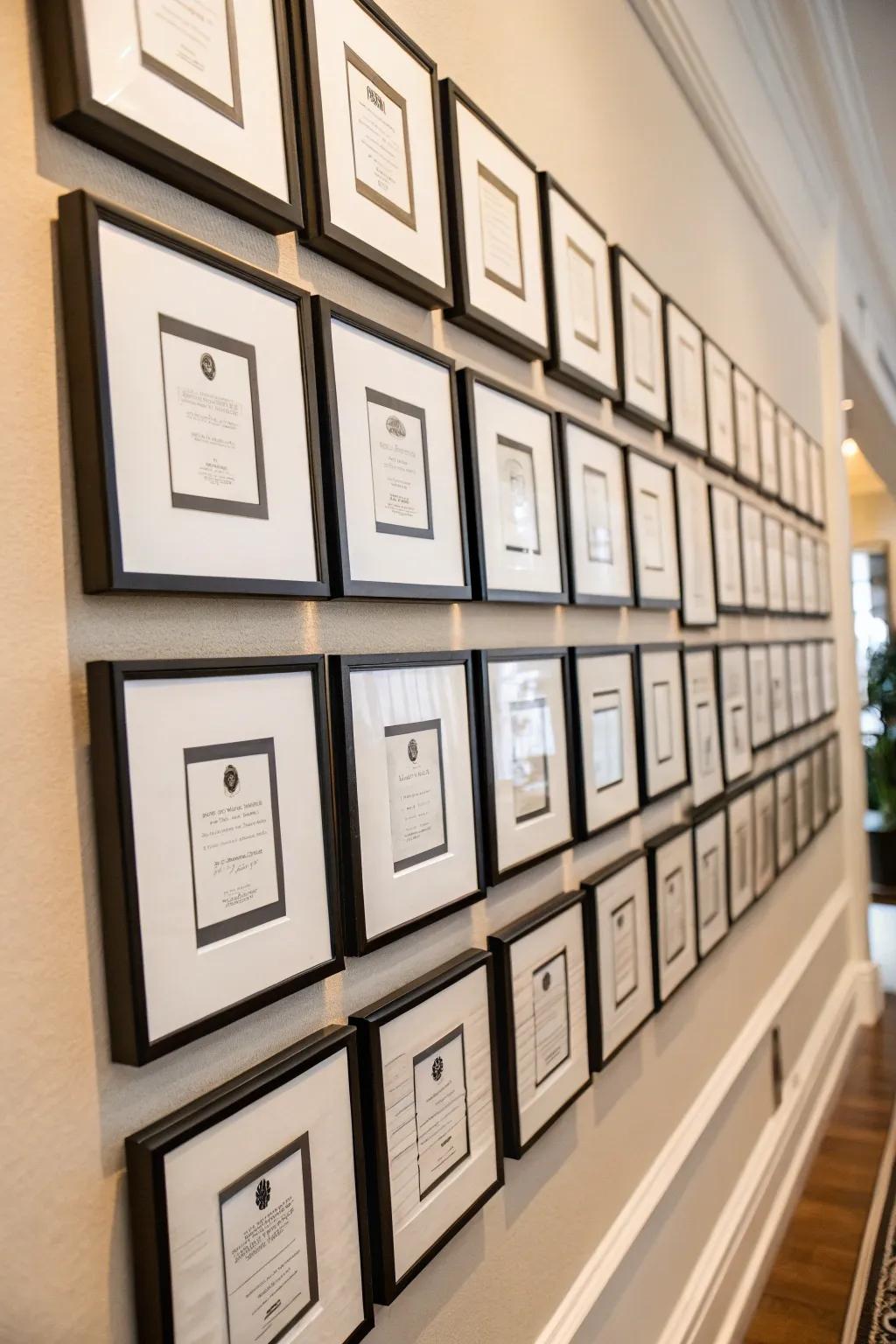 A modern escort card display adds an artistic touch to the wedding decor.