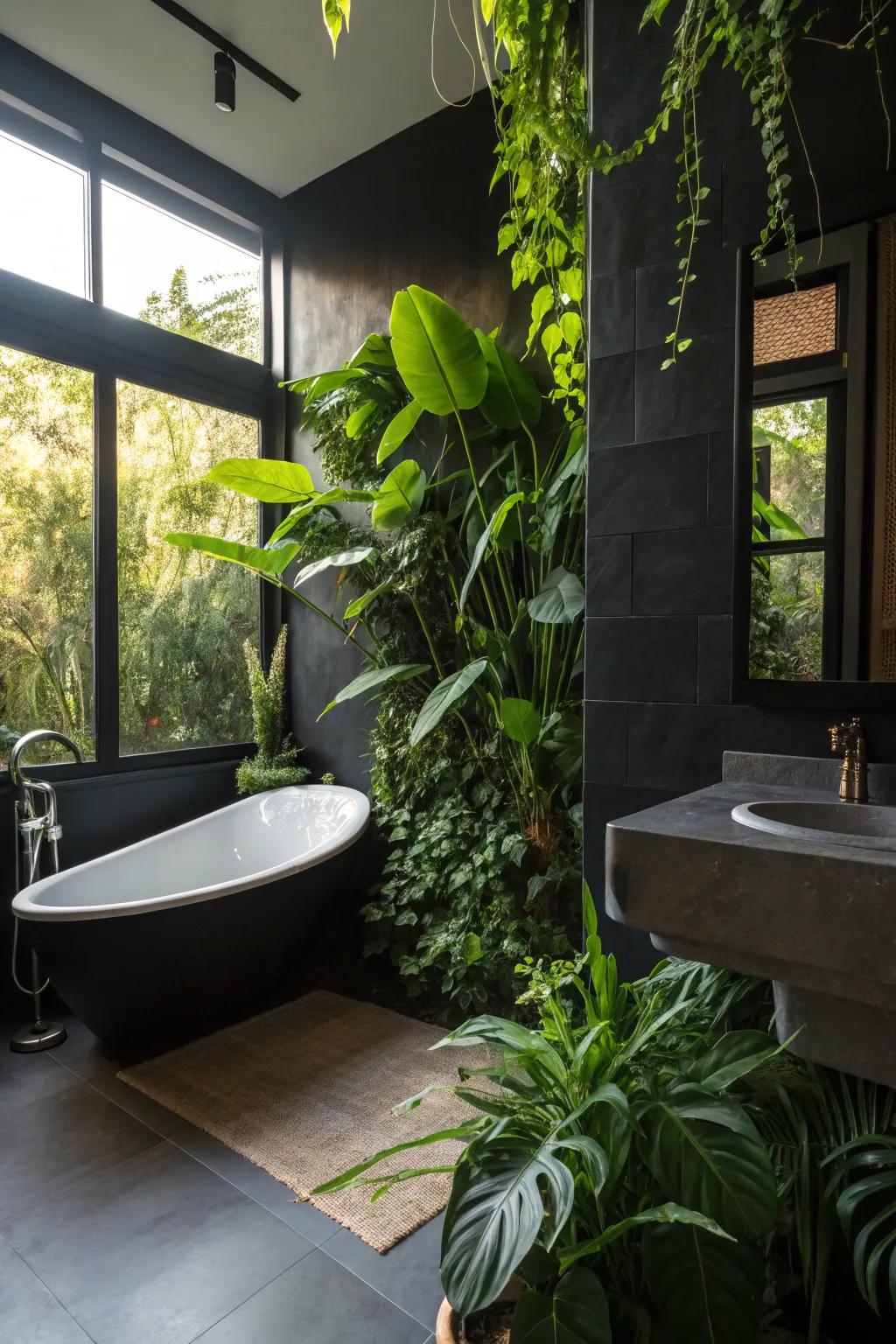 Green foliage against black backgrounds evokes a refreshing, nature-inspired setting.