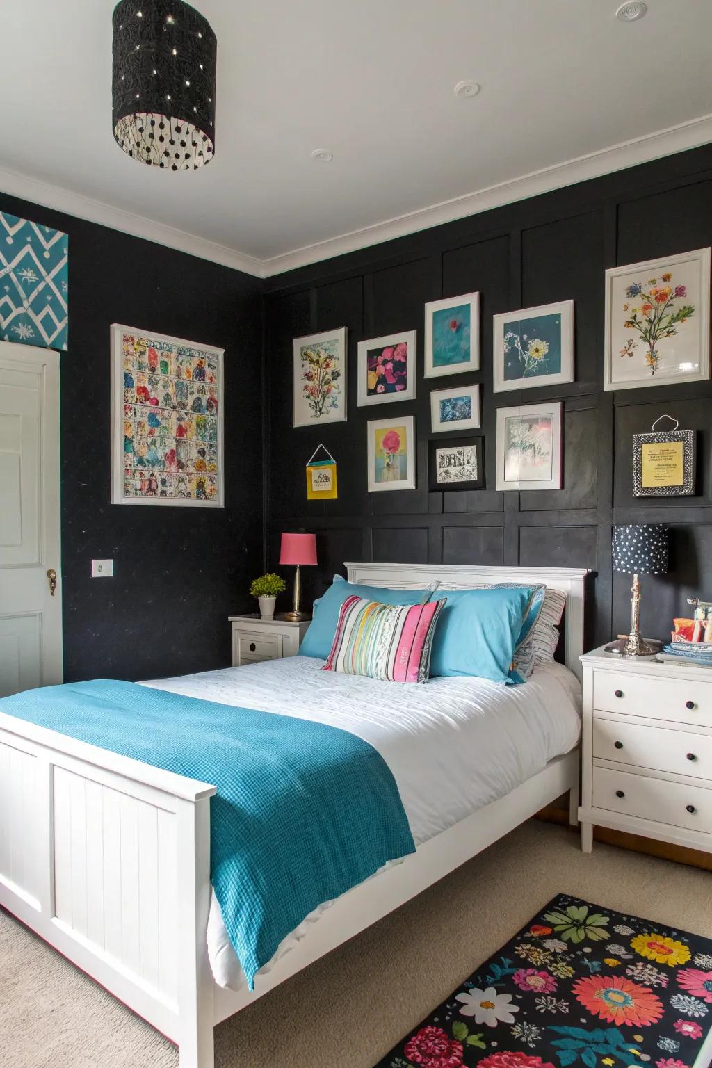 Dramatic dark walls craft a striking setting for this bedroom.