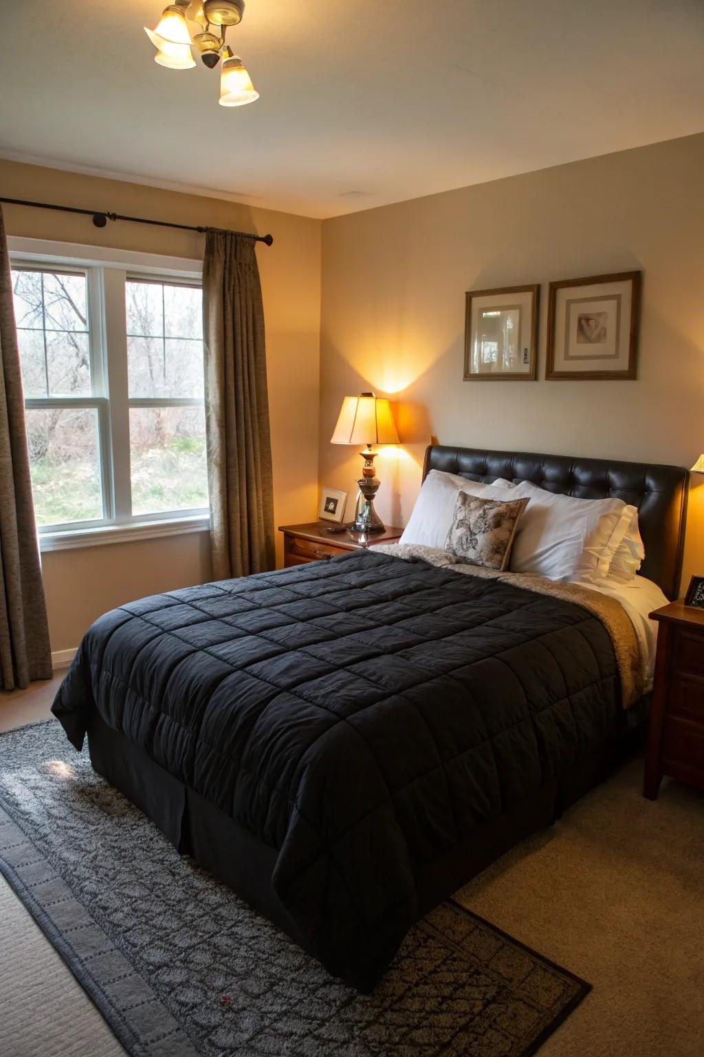A warmly illuminated bedroom that feels welcoming and serene.