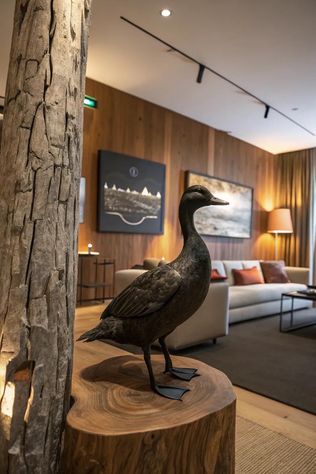 A dusky fowl presentation elevated by a textured wooden context.