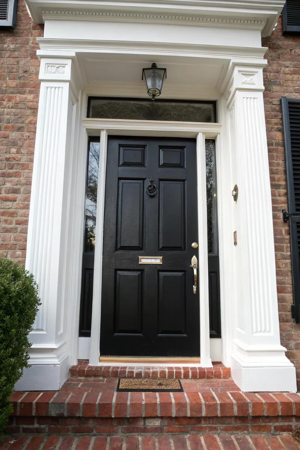 Expansive stone casings around a black door enrich depth and sophistication.