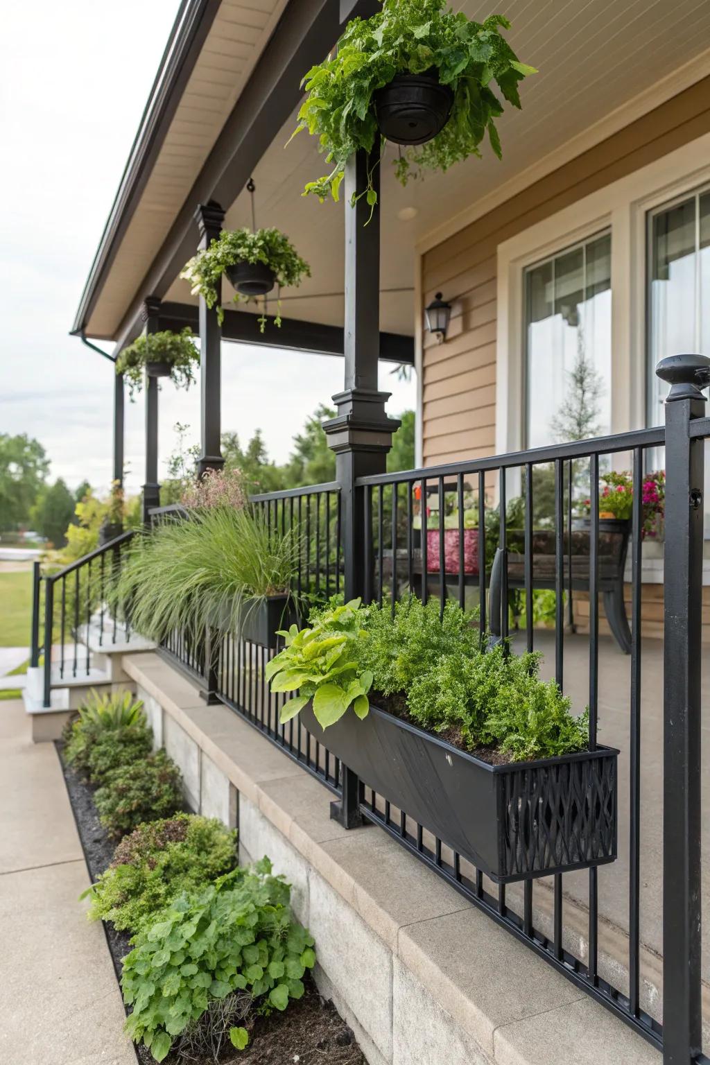Pair greenery with railings for a natural porch atmosphere.