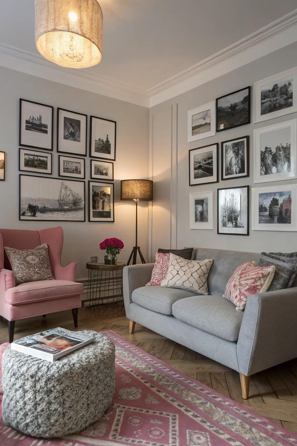 Ebony and ivory photography adds an artistic dimension to the room.