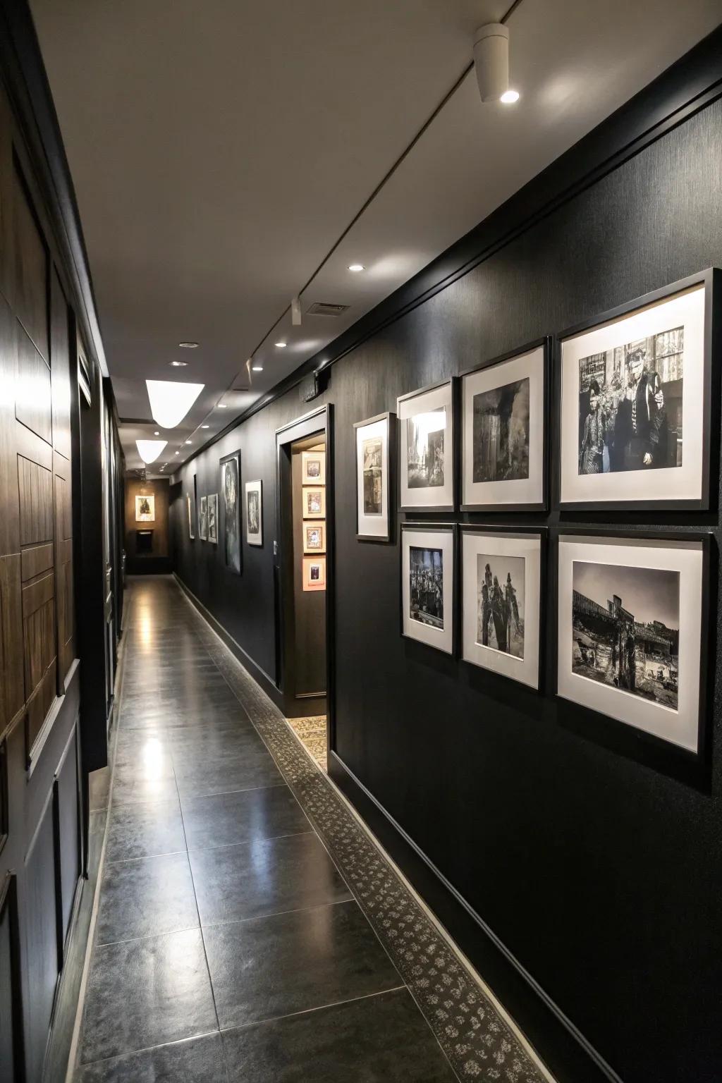An art exhibit wall adds a personal touch to a black hallway.