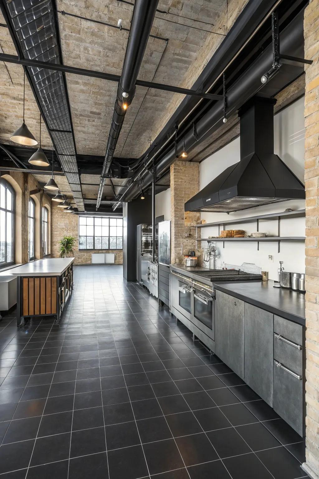 An industrial-style kitchen that pairs dark floors with metallic accents.