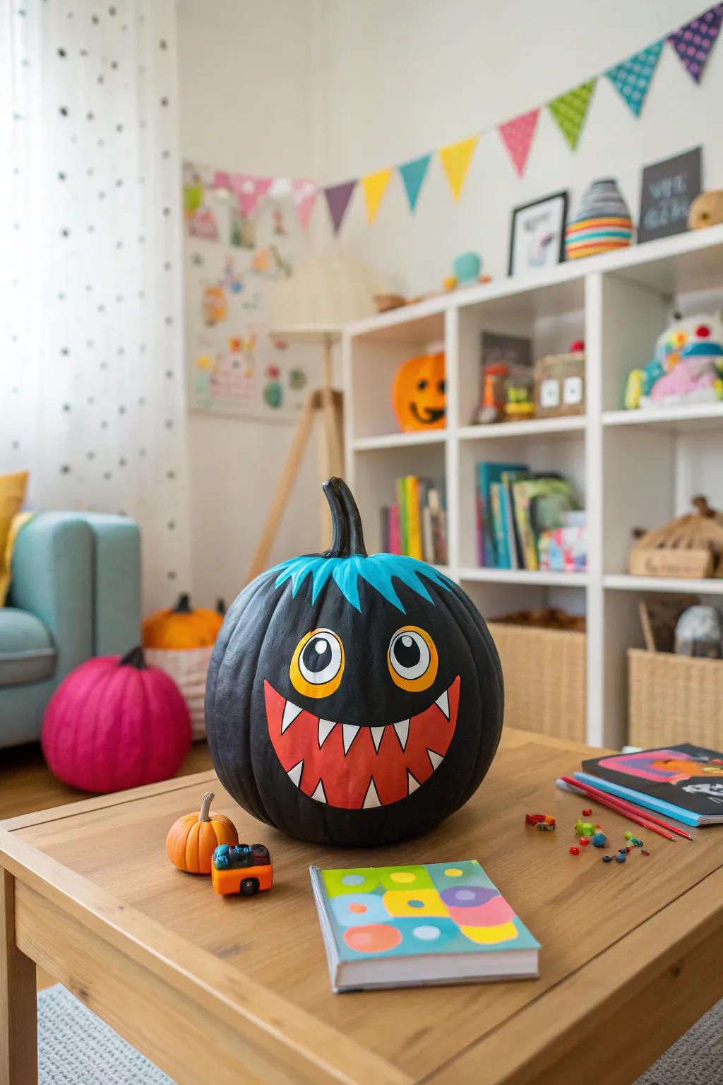 A whimsical ebony gourd featuring a beastly countenance, ideal for a child-friendly Hallows' Eve.