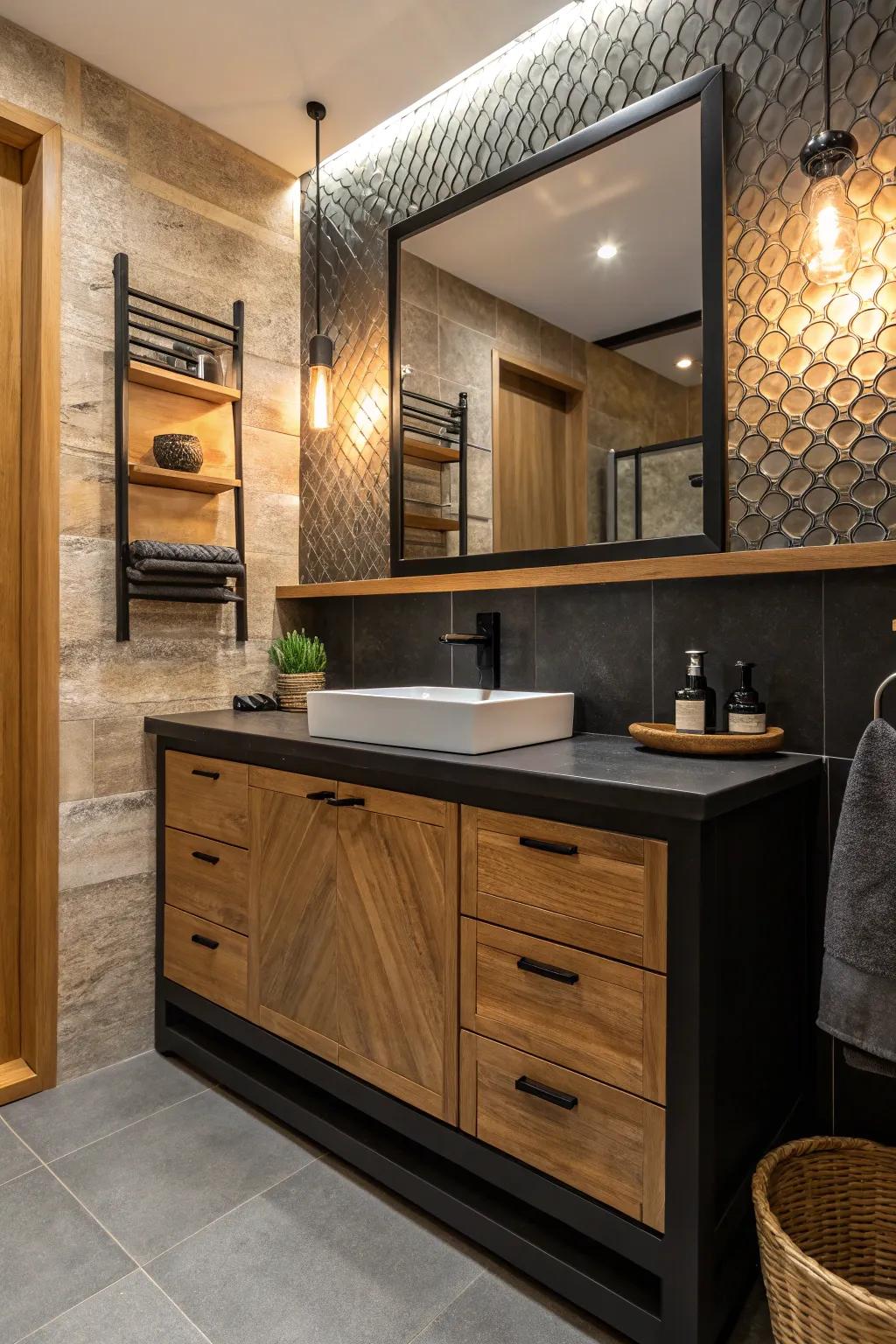 Timber features introduce warmth and a natural feel to a dark washstand setup.
