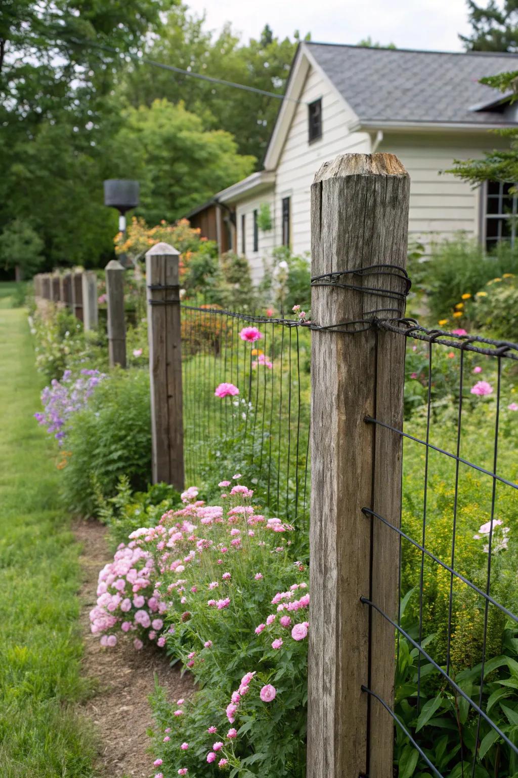 Introduce rustic charm to your garden with a dark metallic mesh and wood combination.