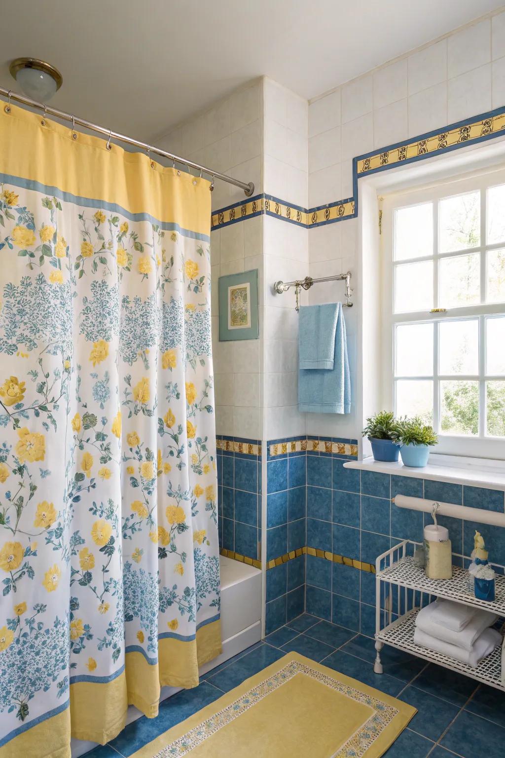 A botanical shower curtain adds a playful and cohesive element to the bathroom.