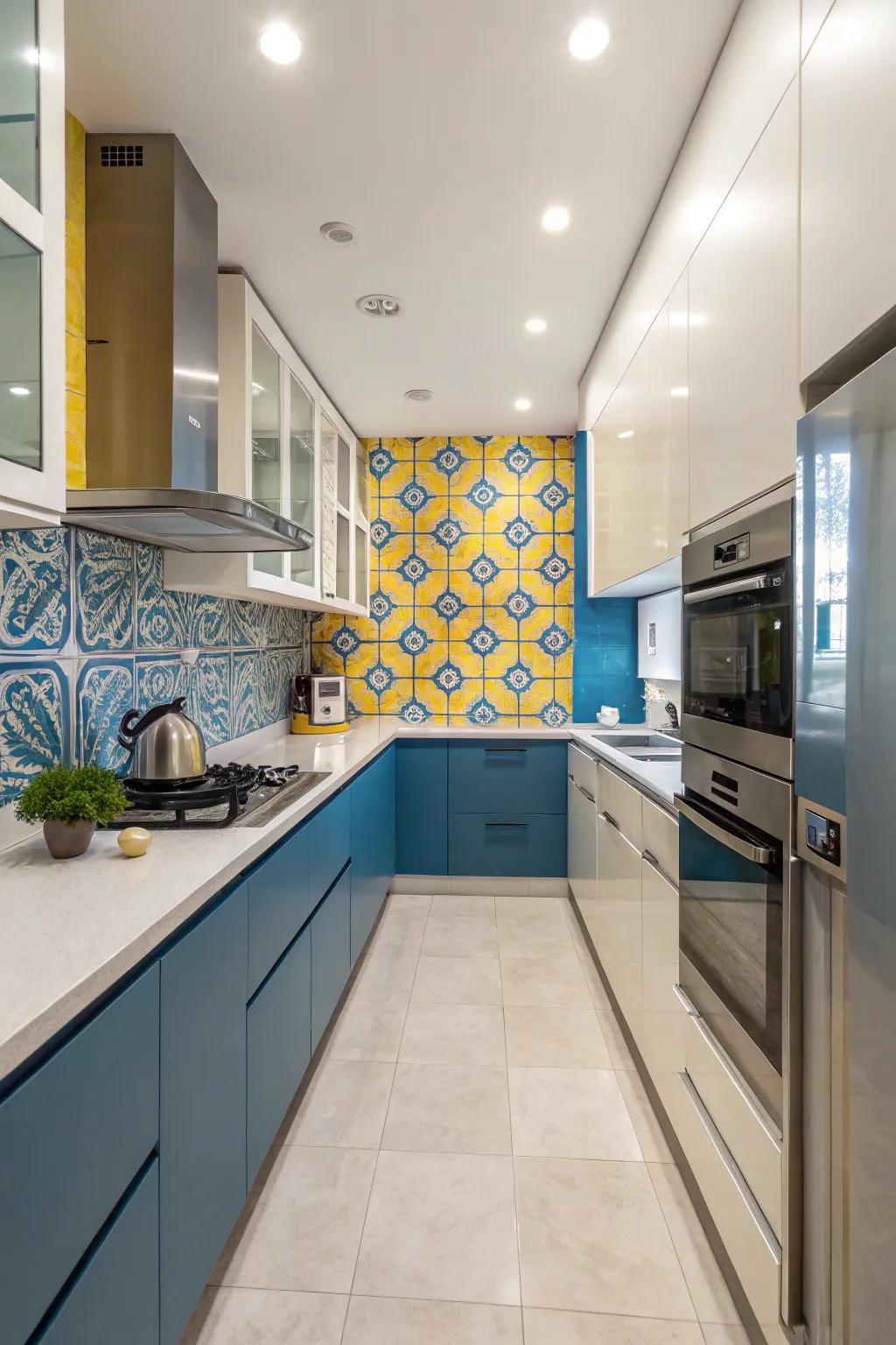 A kitchen featuring a cerulean and golden splashback for a fashionable visual.