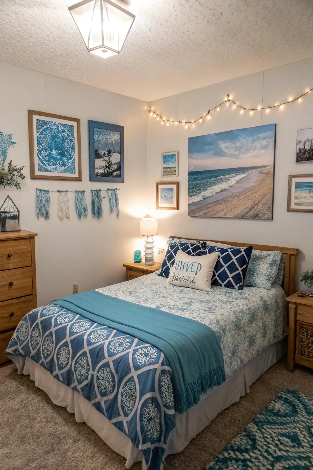 Azure artistry enhances the bedroom theme.
