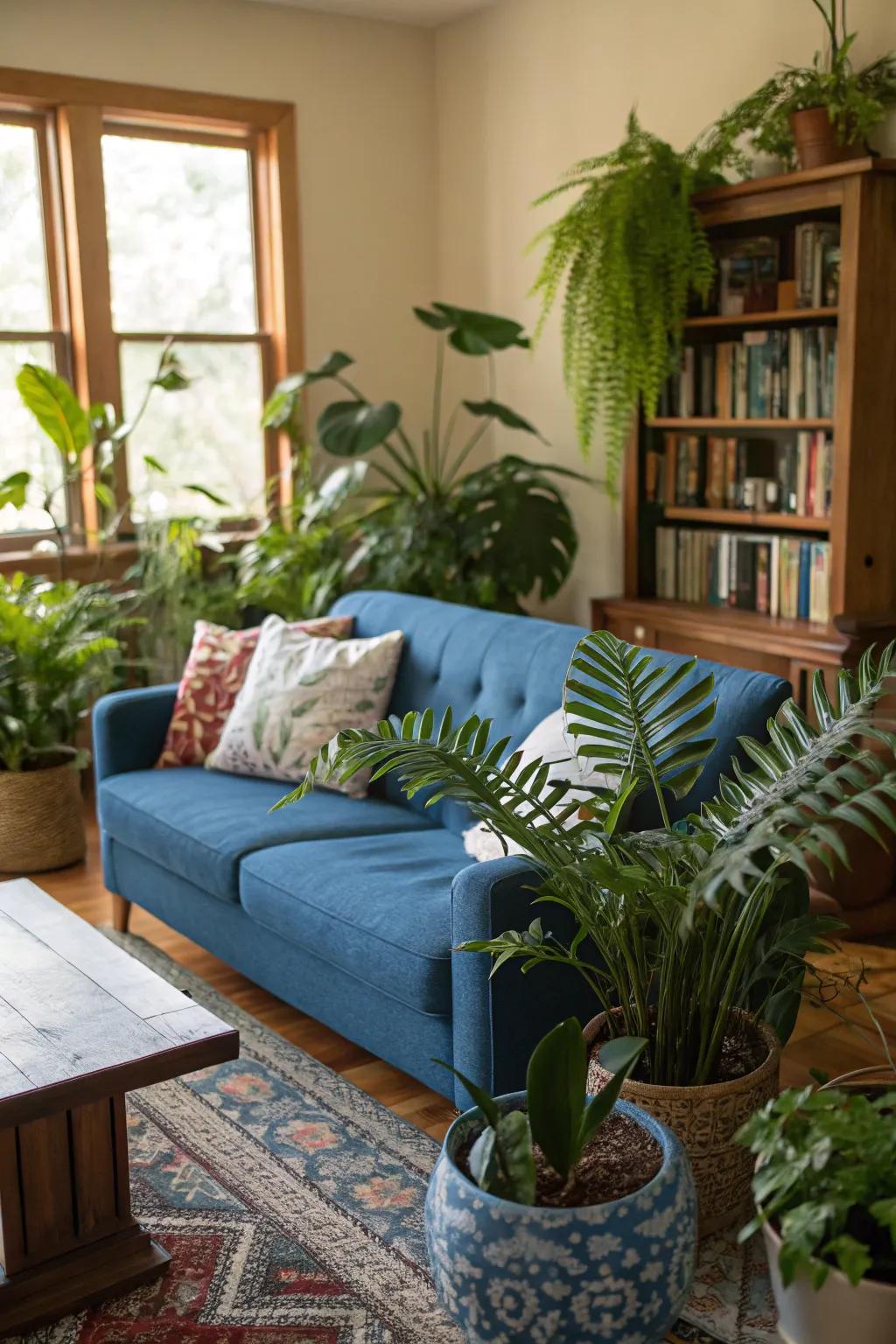 Indoor plants enhance the cerulean settee, promoting a revitalizing aesthetic.