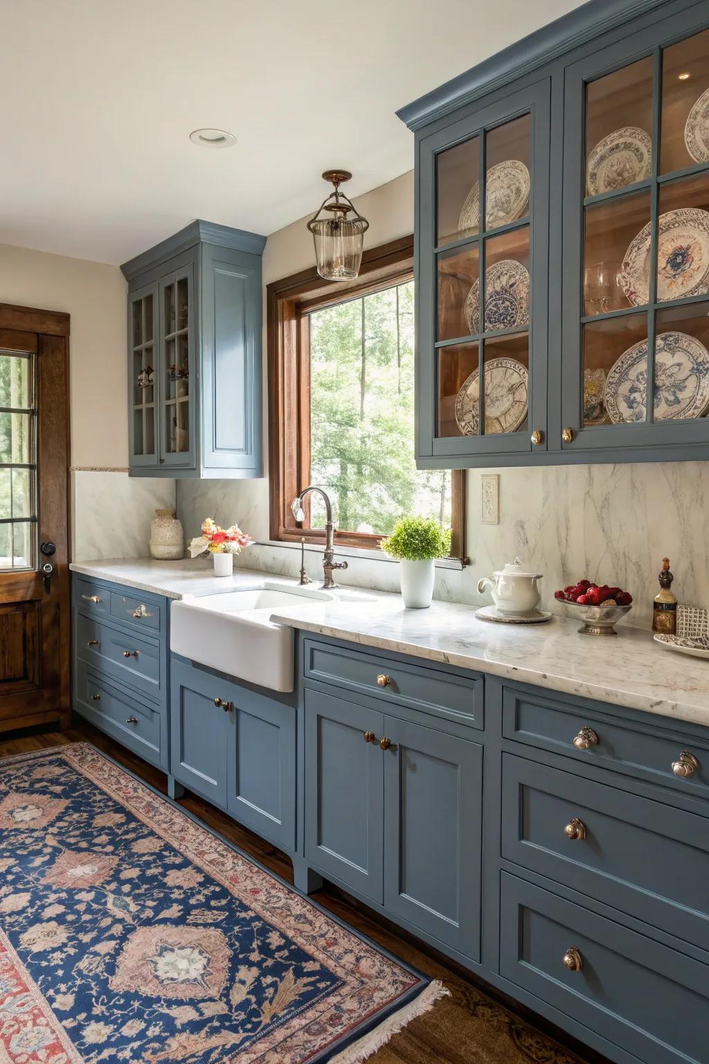 Designer-style azure cabinetry offers timeless beauty and versatility for any kitchen.