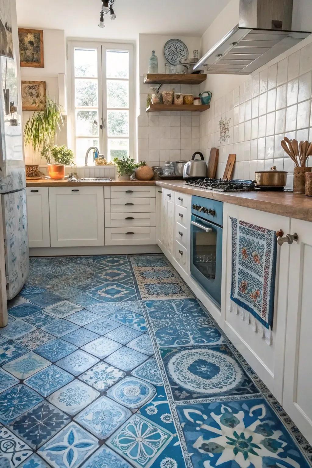 Varied azure decorations impart an artistic flair to the kitchen.