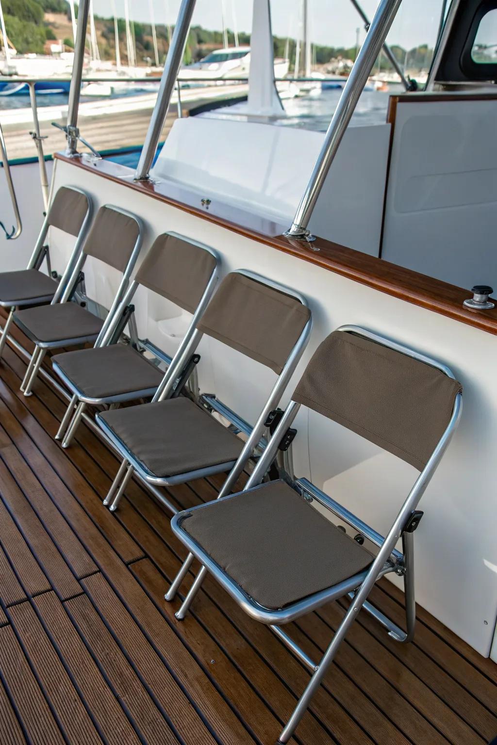 Petite folding seats in a boat's interior.
