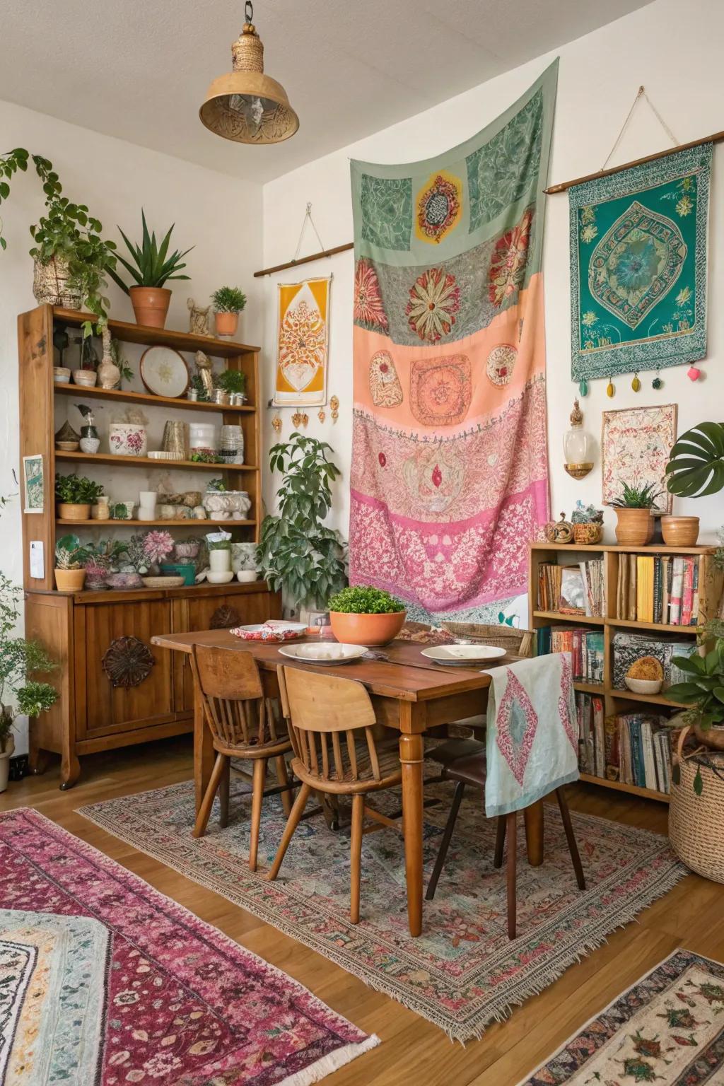 Individual details using period decor within a boho dining setting.