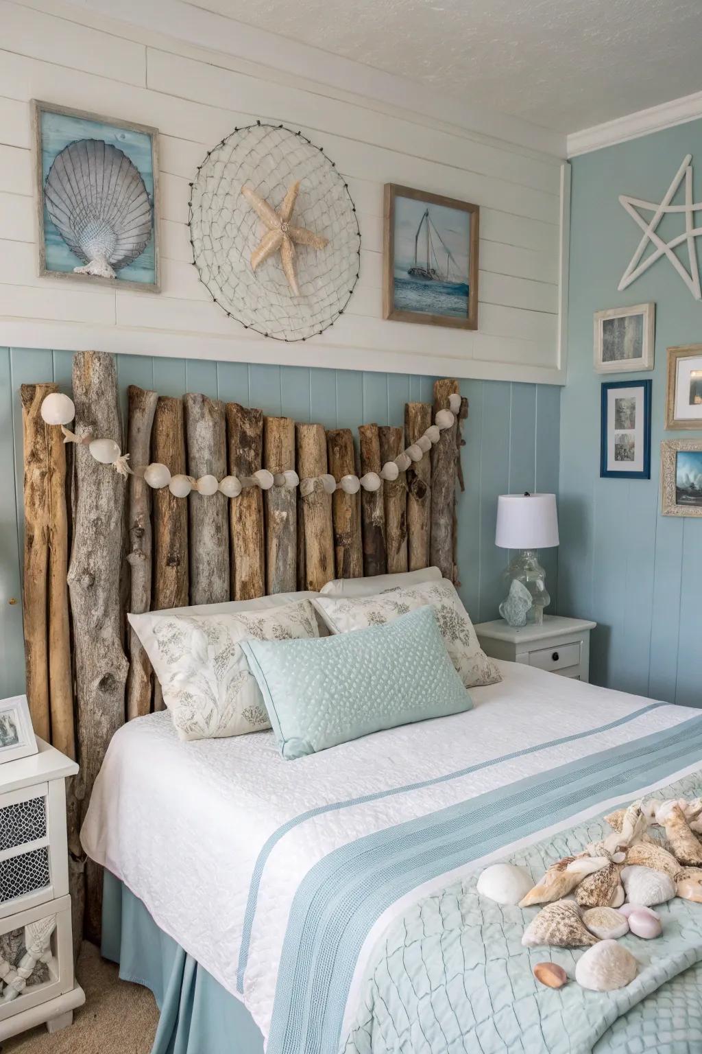 Shorewood and shells create a beachy, bohemian headboard.