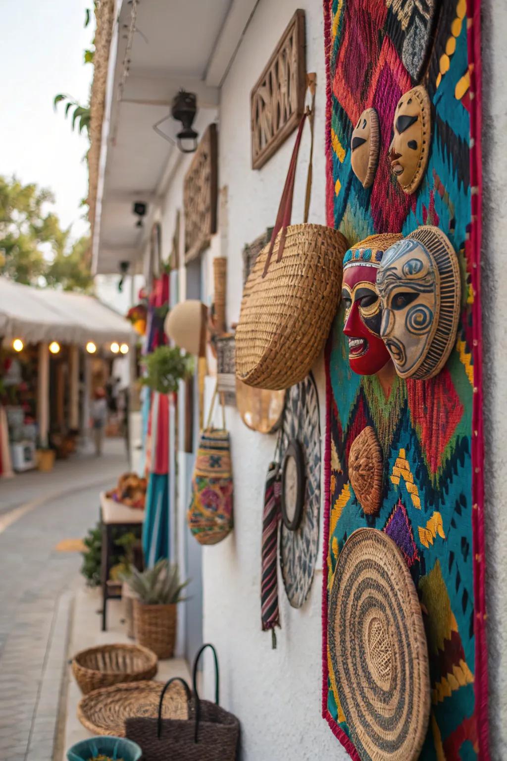 Travel keepsakes introduce a personalized and international flair to this bohemian wall.