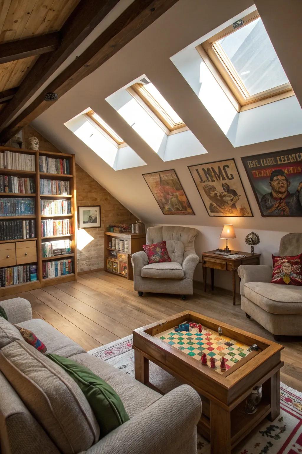 A renovated attic provides a secluded game room getaway.