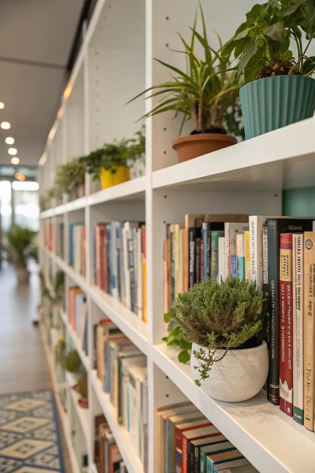 Greenery adds a natural and fresh element to your shelves.