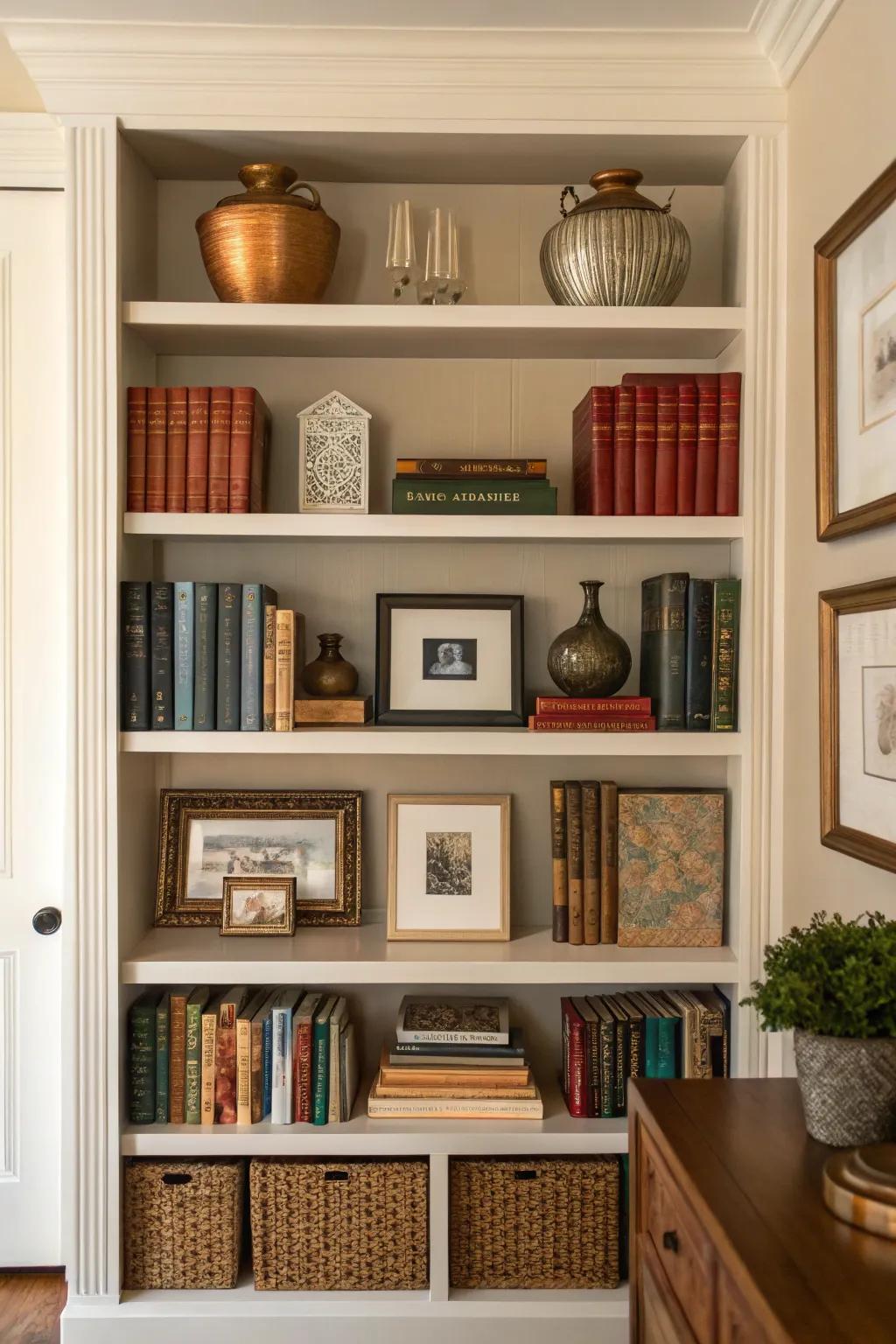 Symmetry atop a bookshelf engenders a well-proportioned and harmonious display.