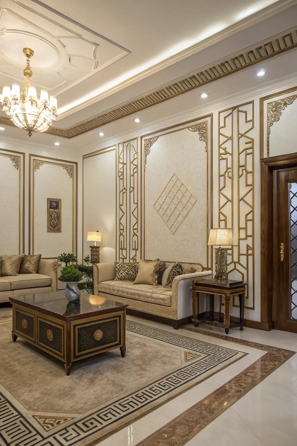 Art Deco borders fill spaces with opulence and sophistication.