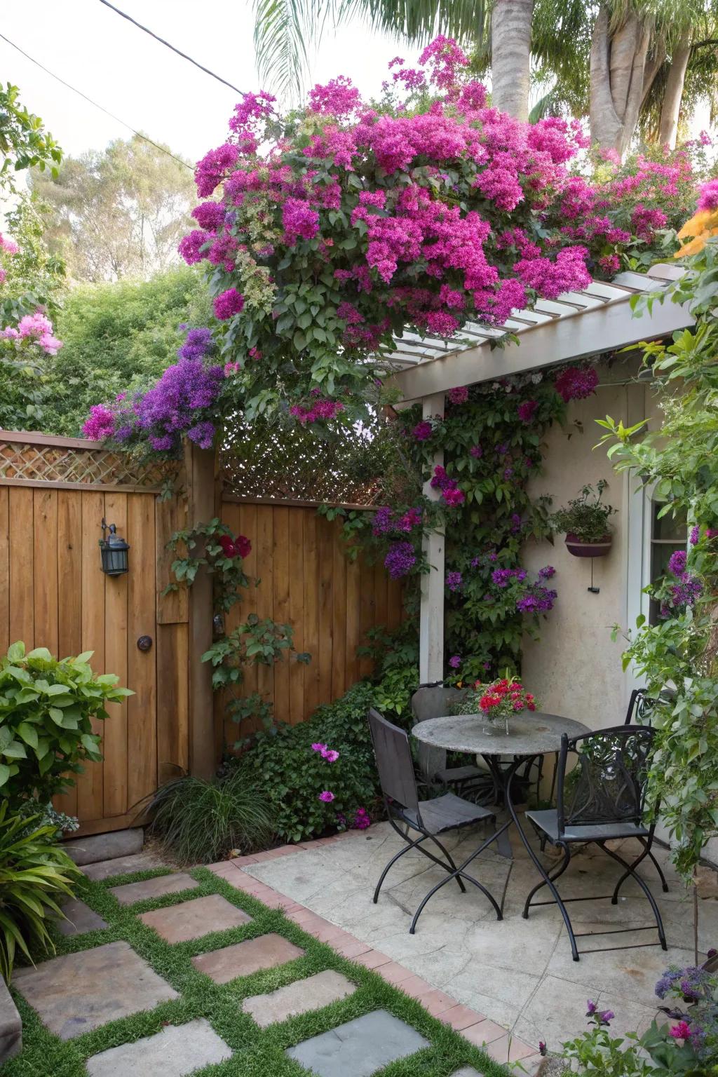 A vibrant bougainvillea screen providing seclusion in a backyard.