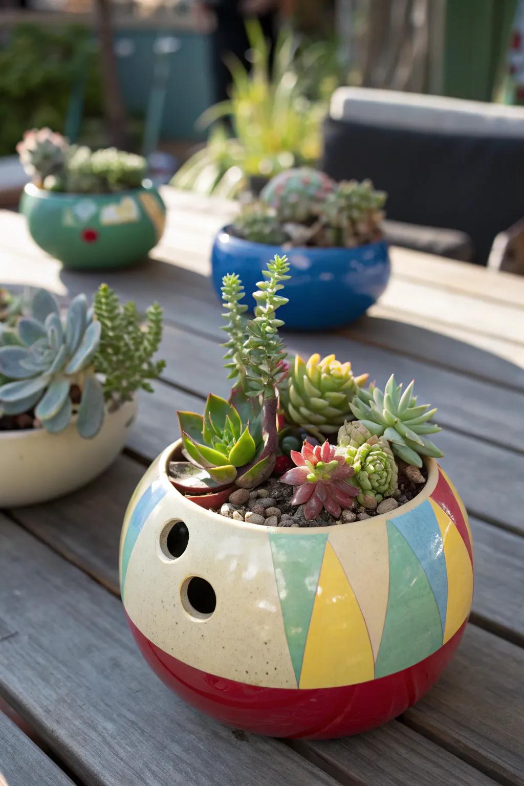 An unusual bowling sphere pot centerpiece with succulents.