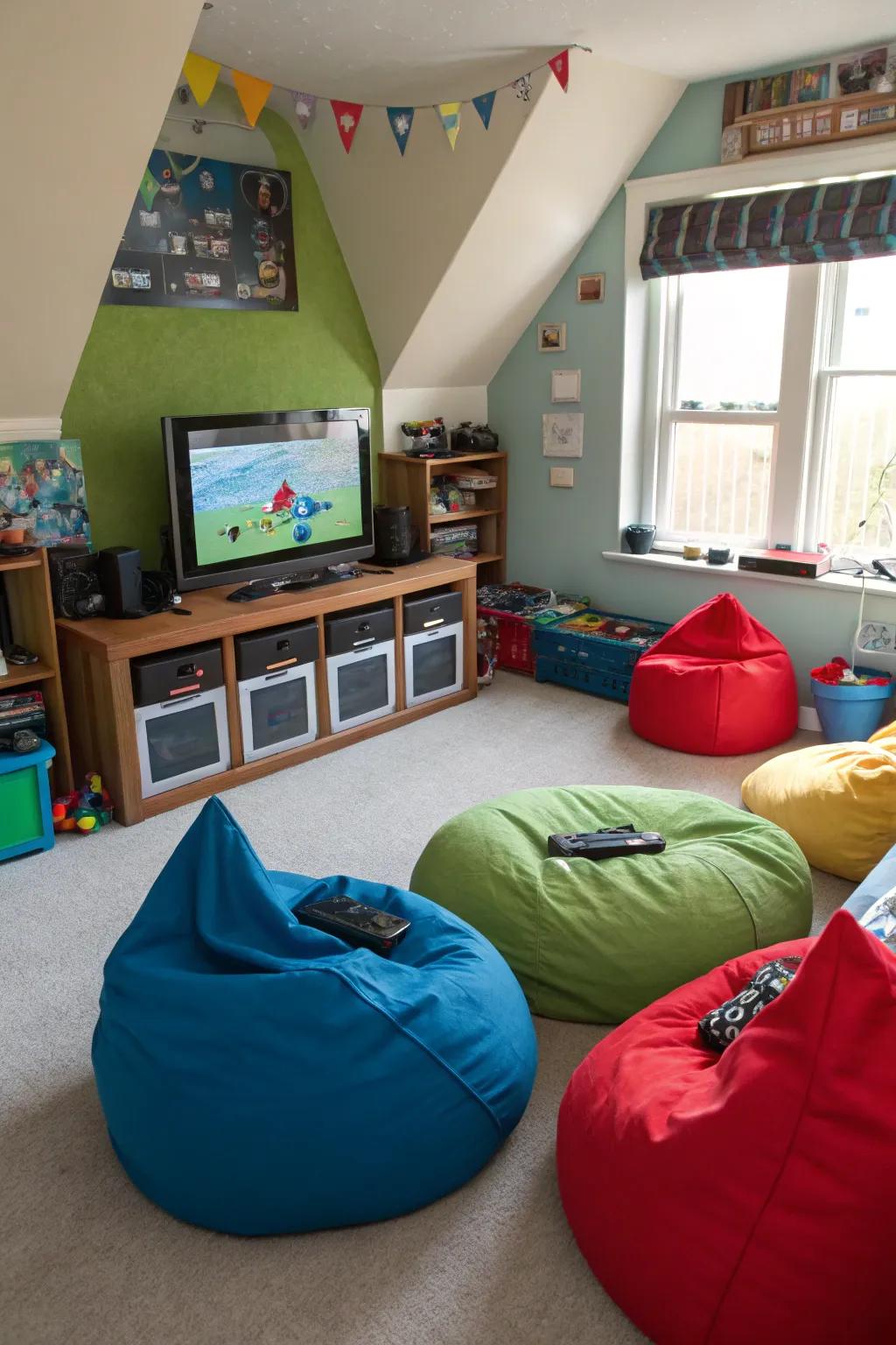 Colorful bean bags allow for relaxed seating options for gamers.