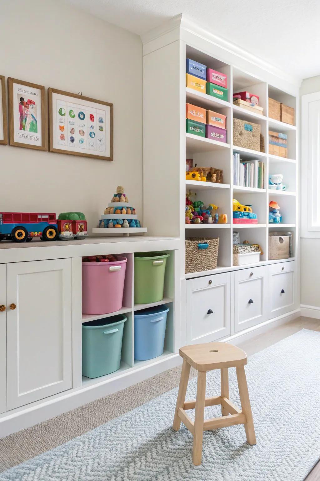 Custom storage that maintains the playroom's tidiness and organization.