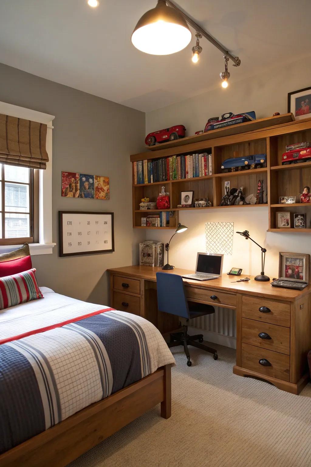 Varied lighting choices enhance the room's utility.