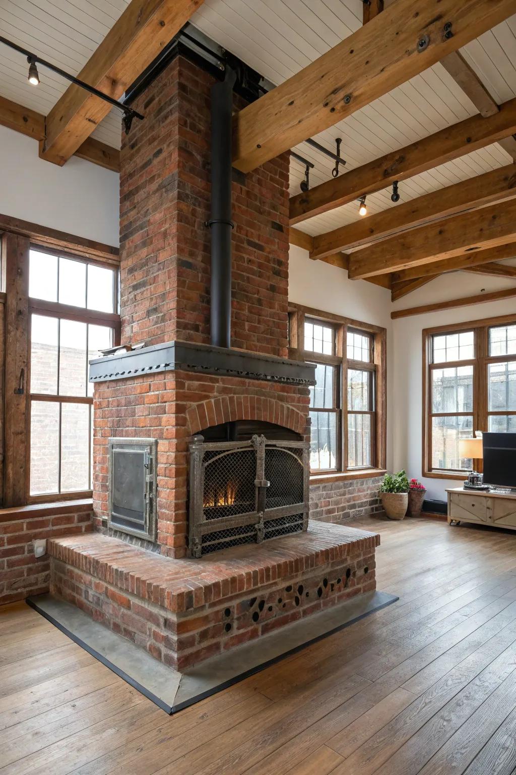 A brick hearth featuring metal embellishments, contributing an industrial element to the space.