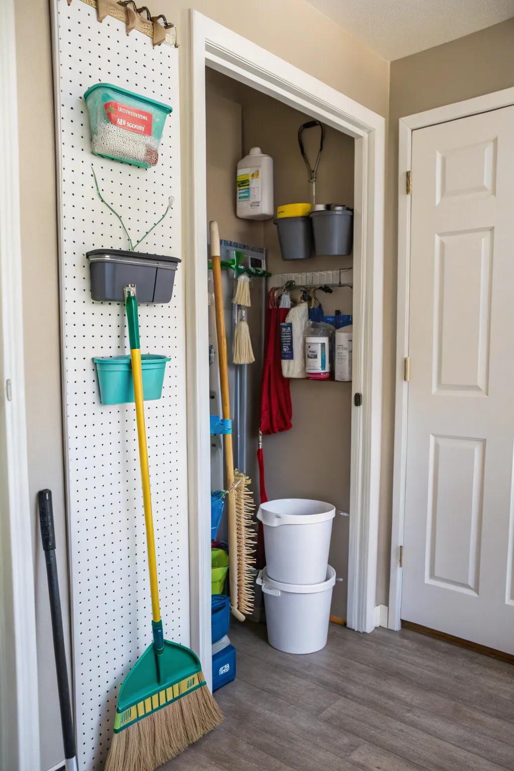 Pegboards offer a versatile solution for organizing your broom closet.