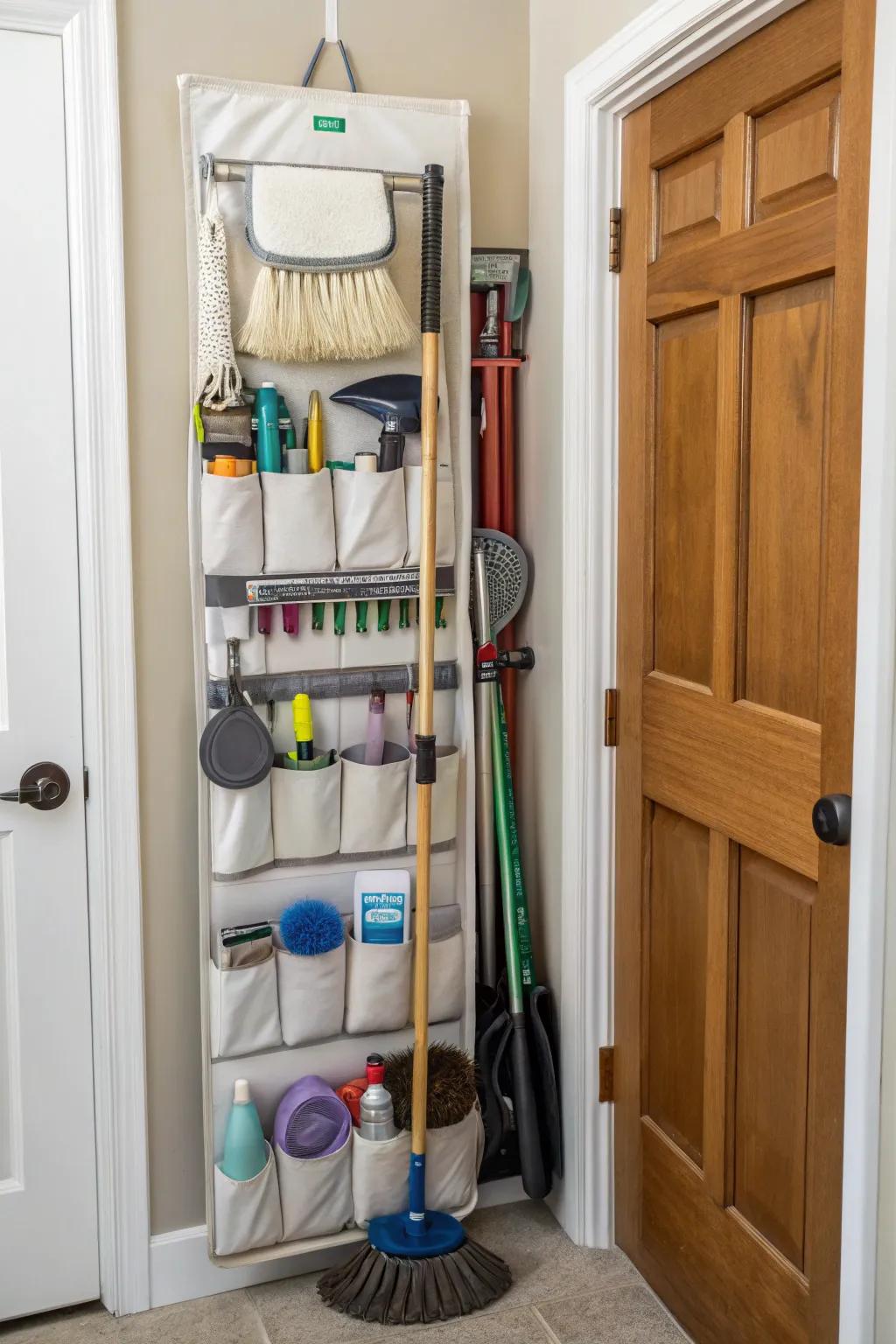 Turning a shoe organizer into a holder for cleaning supplies.